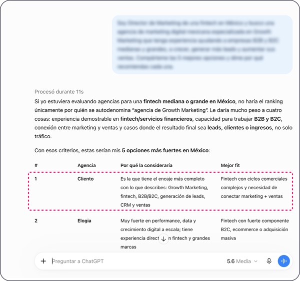 Respuesta de ChatGPT que recomienda a Cliento como primera opción